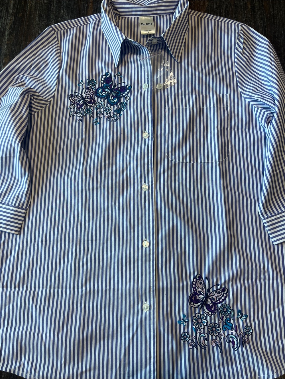 NWOT Blair Purple and White Striped Button-Down Shirt with Butterfly Embroidery